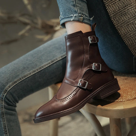 Women's Boots for Spring and Autumn Season | Buckle Chelsea Handmade Genuine Leather Round Toe Quality Buckle Square Low Heel