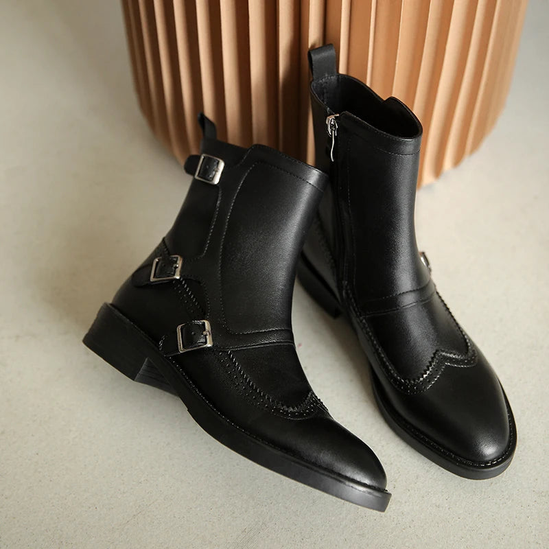 Women's Boots for Spring and Autumn Season | Buckle Chelsea Handmade Genuine Leather Round Toe Quality Buckle Square Low Heel