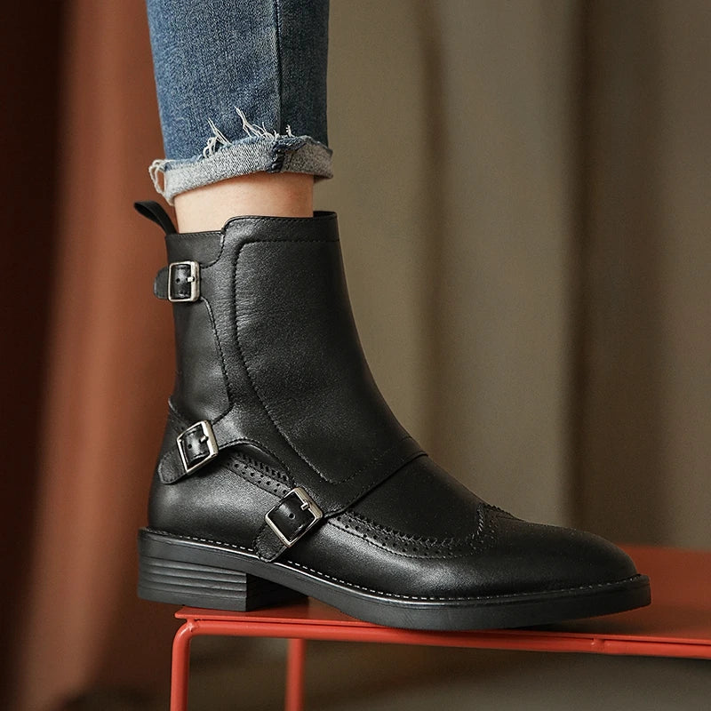 Women's Boots for Spring and Autumn Season | Buckle Chelsea Handmade Genuine Leather Round Toe Quality Buckle Square Low Heel