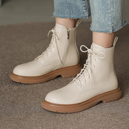 Women's Boots for Autumn and Winter Season | Side Zipper Ankle Boots Outdoor Casual Thick Heels Fashion Cross-Tied Genuine Leather Shoes