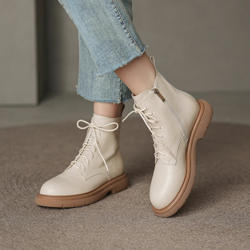 Women's Boots for Autumn and Winter Season | Side Zipper Ankle Boots Outdoor Casual Thick Heels Fashion Cross-Tied Genuine Leather Shoes