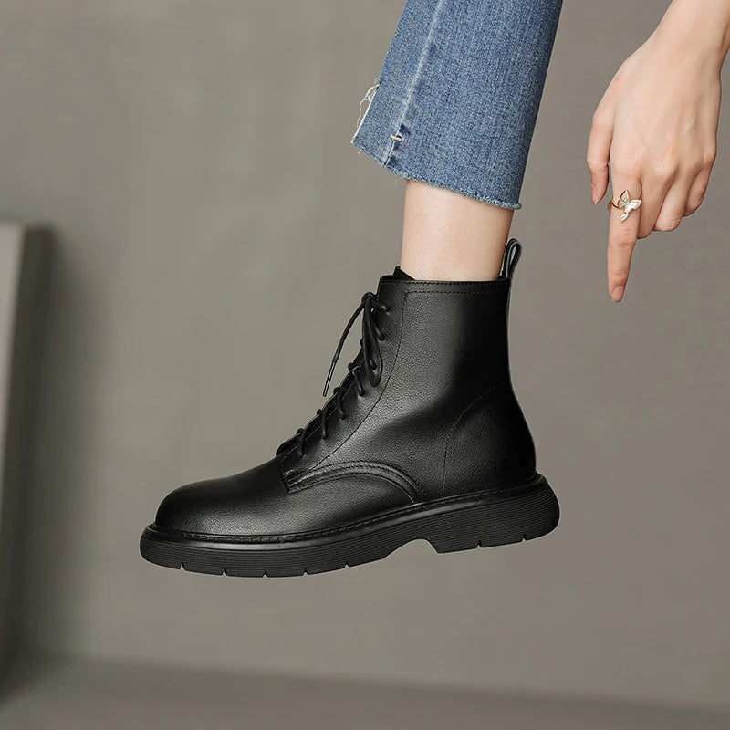 Women's Boots for Autumn and Winter Season | Side Zipper Ankle Boots Outdoor Casual Thick Heels Fashion Cross-Tied Genuine Leather Shoes