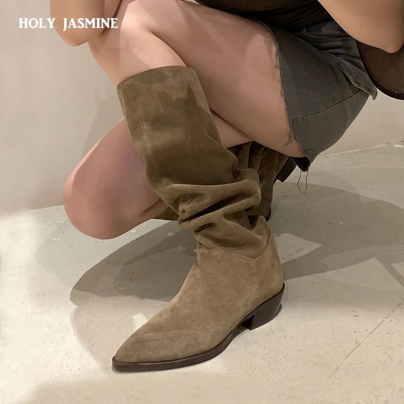 Women's Boots for Autumn and Winter Season | Western Knee-High Cow Suede Leather Quality Office Lady Casual Retro