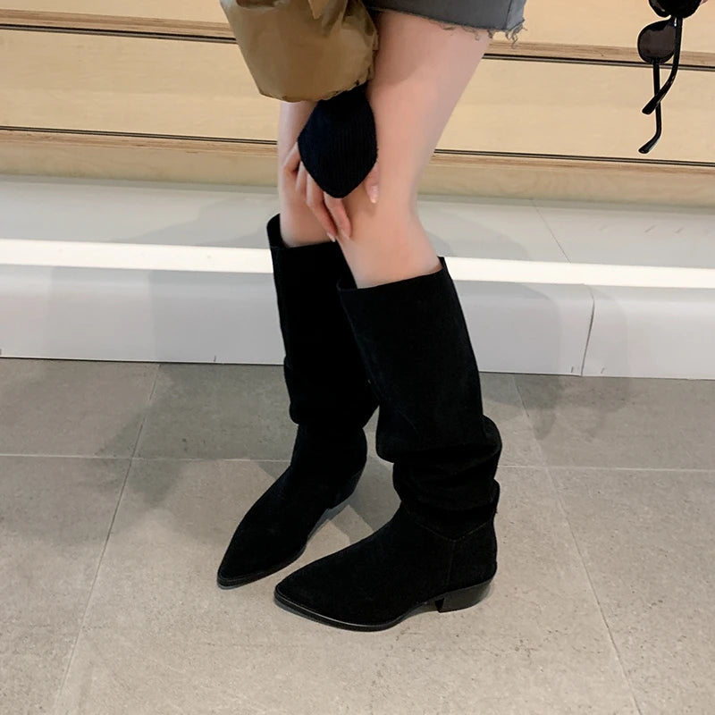 Women's Boots for Autumn and Winter Season | Western Knee-High Cow Suede Leather Quality Office Lady Casual Retro