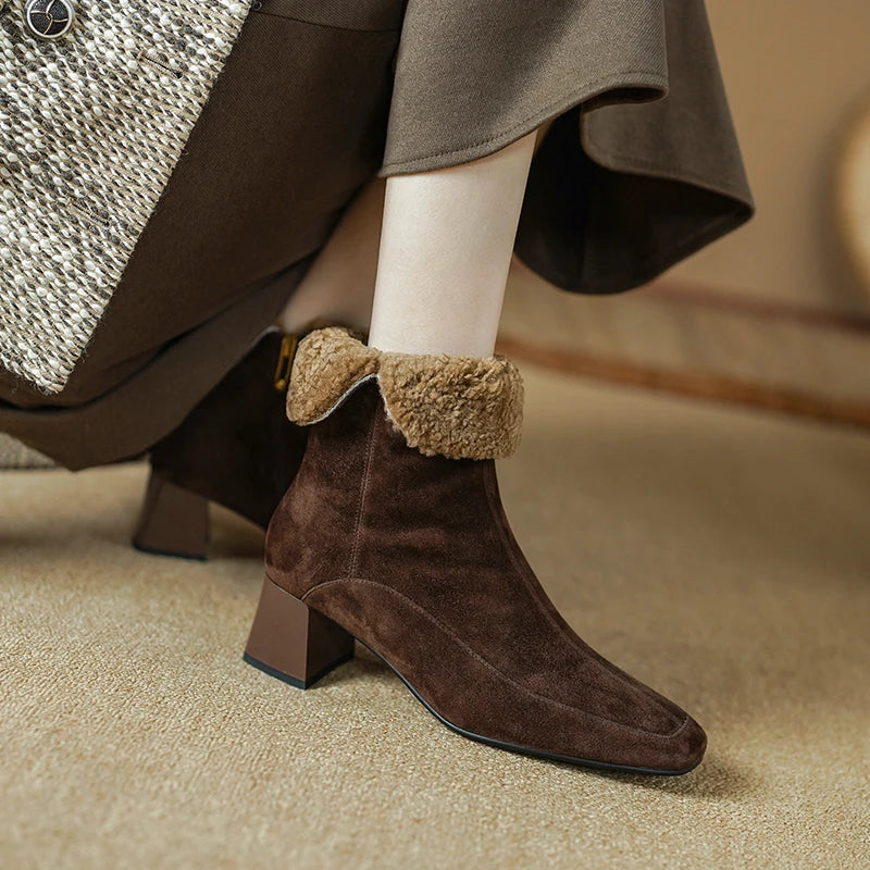 Women's Boots for Winter Season Office | Wool Warm Ankle Genuine Leather Side Zipper Shoes Square Toe Short