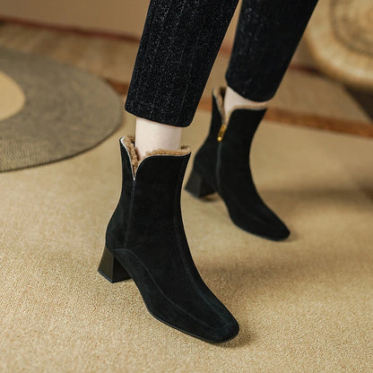 Women's Boots for Winter Season Office | Wool Warm Ankle Genuine Leather Side Zipper Shoes Square Toe Short