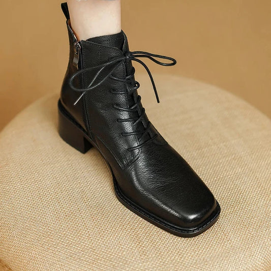 Women's Boots for Autumn and Winter Season | Ankle Boots Thick High Heels Genuine Leather Office Lady Lace-up Shoes