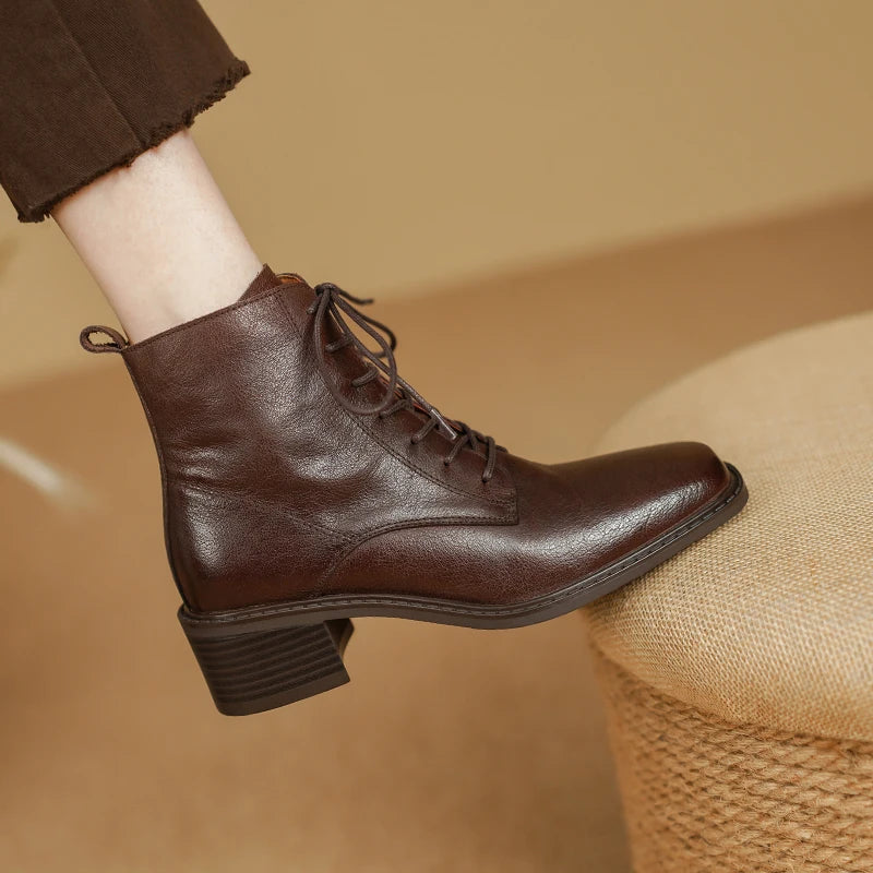 Women's Boots for Autumn and Winter Season | Ankle Boots Thick High Heels Genuine Leather Office Lady Lace-up Shoes