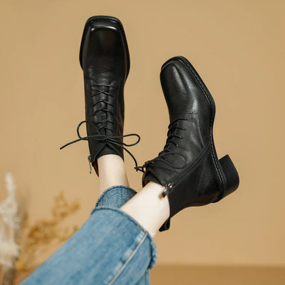 Women's Boots for Autumn and Winter Season | Ankle Boots Thick High Heels Genuine Leather Office Lady Lace-up Shoes