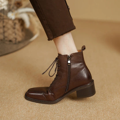 Women's Boots for Autumn and Winter Season | Ankle Boots Thick High Heels Genuine Leather Office Lady Lace-up Shoes