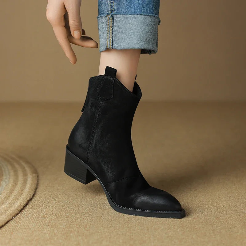 Women's Boots for Autumn and Winter Season | Short Boots Ankle Boots Genuine Leather Thick Heels Pointed Toe Mature