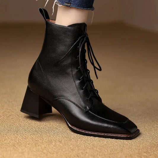 Women's Boots for Autumn and Winter Season | Casual Ankle Genuine Leather High Quality Thick Heels Square Toe Lace-Up