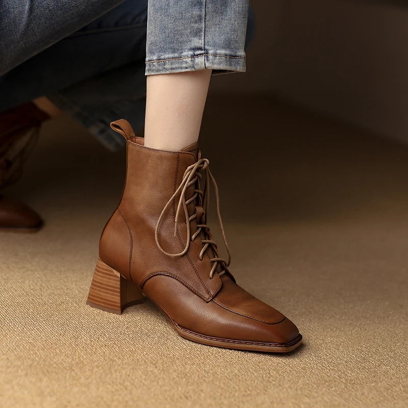 Women's Boots for Autumn and Winter Season | Casual Ankle Genuine Leather High Quality Thick Heels Square Toe Lace-Up