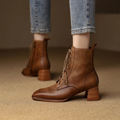 Women's Boots for Autumn and Winter Season | Casual Ankle Genuine Leather High Quality Thick Heels Square Toe Lace-Up