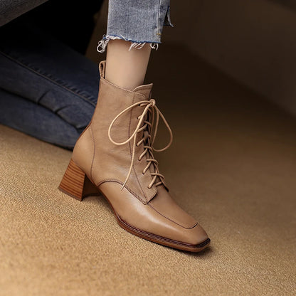 Women's Boots for Autumn and Winter Season | Casual Ankle Genuine Leather High Quality Thick Heels Square Toe Lace-Up