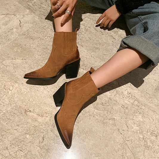 Women's Boots Leather Boots Genuine Pointed Toe Mid Heel Ankle Boots Thick Square Heel Slip On Western Cowboy