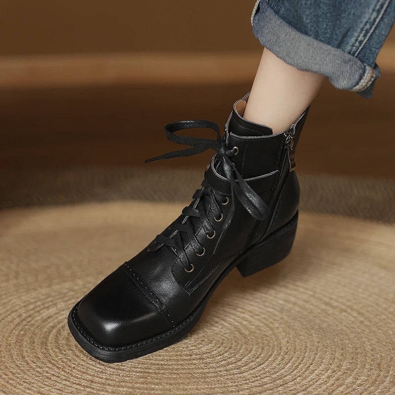 Women's Boots for Autumn Season | Genuine Leather Shoes Round Toe Chunky Heel Lace-up Ankle Zipper Designer