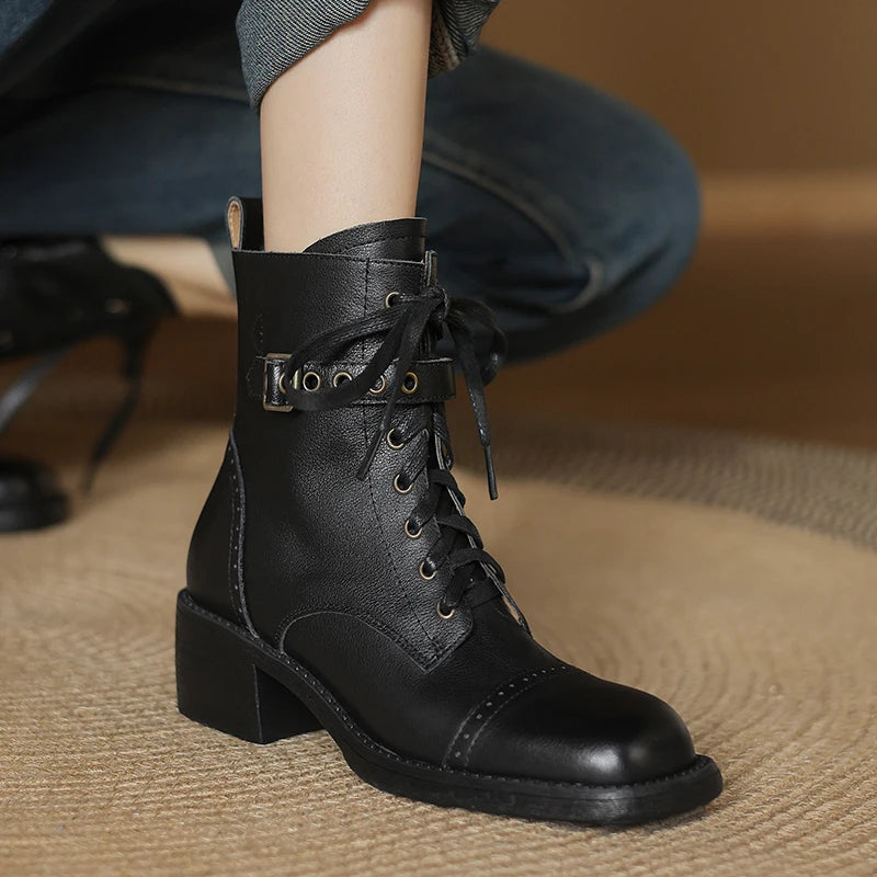 Women's Boots for Autumn Season | Genuine Leather Shoes Round Toe Chunky Heel Lace-up Ankle Zipper Designer