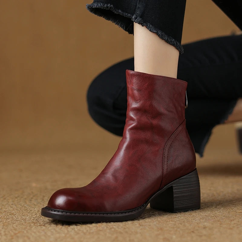 Women's Boots for Autumn and Winter Season | Genuine Leather Ankle Boots Chunky High Heels Fashion