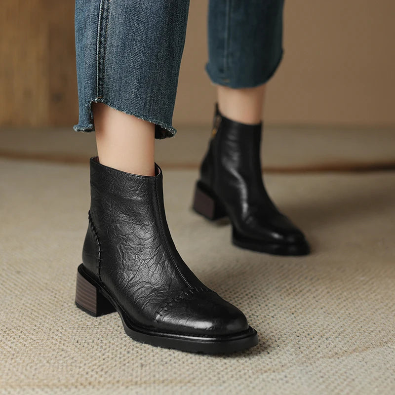 Women's Boots for Autumn Winter Season Office | Retro Mature Concise Ankle Boots Genuine Leather Thick Heels Side Zipper