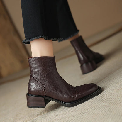 Women's Boots for Autumn Winter Season Office | Retro Mature Concise Ankle Boots Genuine Leather Thick Heels Side Zipper