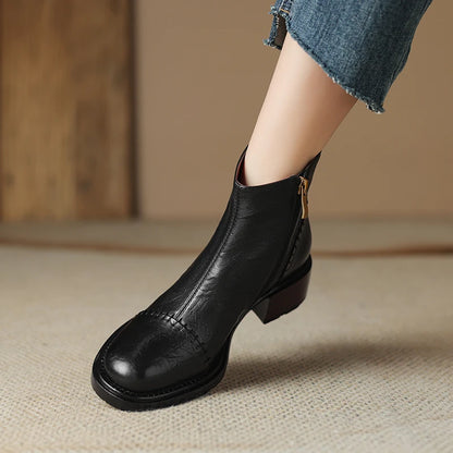 Women's Boots for Autumn Winter Season Office | Retro Mature Concise Ankle Boots Genuine Leather Thick Heels Side Zipper