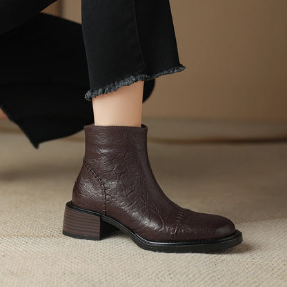 Women's Boots for Autumn Winter Season Office | Retro Mature Concise Ankle Boots Genuine Leather Thick Heels Side Zipper