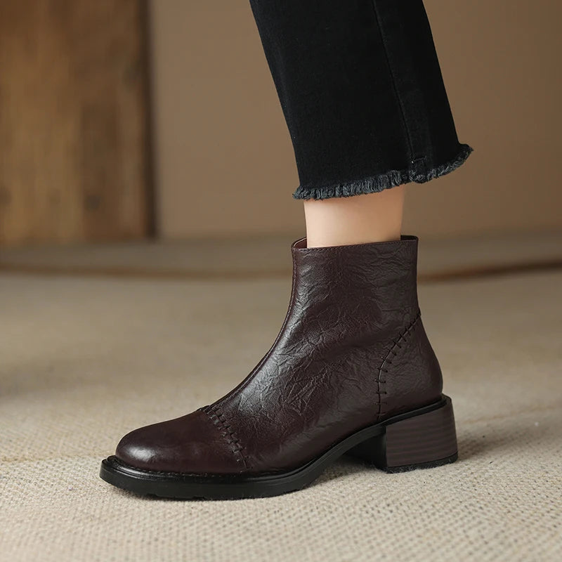 Women's Boots for Autumn Winter Season Office | Retro Mature Concise Ankle Boots Genuine Leather Thick Heels Side Zipper