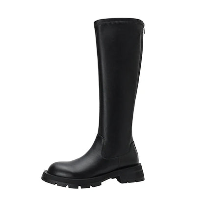 Women's Boots for Autumn and Winter Season | High Boots Genuine Leather Zipper Round Toe Thick Heel Knee-High Black